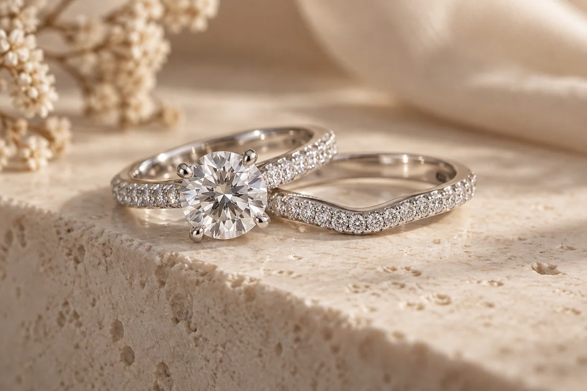 A white-gold moissanite engagement ring beside its matching curved wedding band
