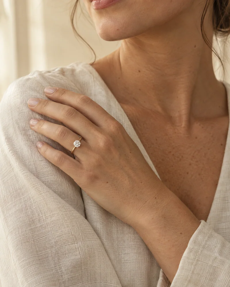Editorial illustration of a gold solitaire worn on a relaxed hand against ivory linen