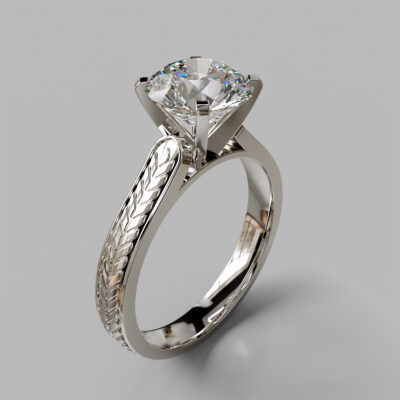 Engraved Round Cut Solitaire Moissanite Engagement Ring