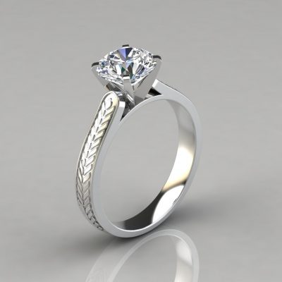 Engraved Round Cut Solitaire Moissanite Engagement Ring