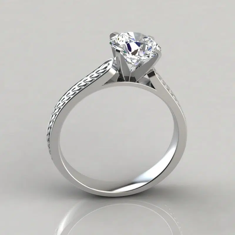 Engraved Round Cut Solitaire Moissanite Engagement Ring