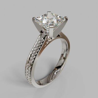Hand Engraved Princess Cut Solitaire Moissanite Engagement Ring
