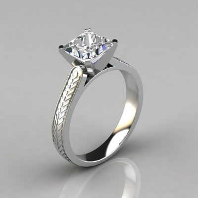 Hand Engraved Princess Cut Solitaire Moissanite Engagement Ring