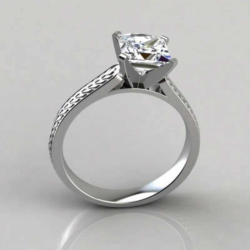 Hand Engraved Princess Cut Solitaire Moissanite Engagement Ring