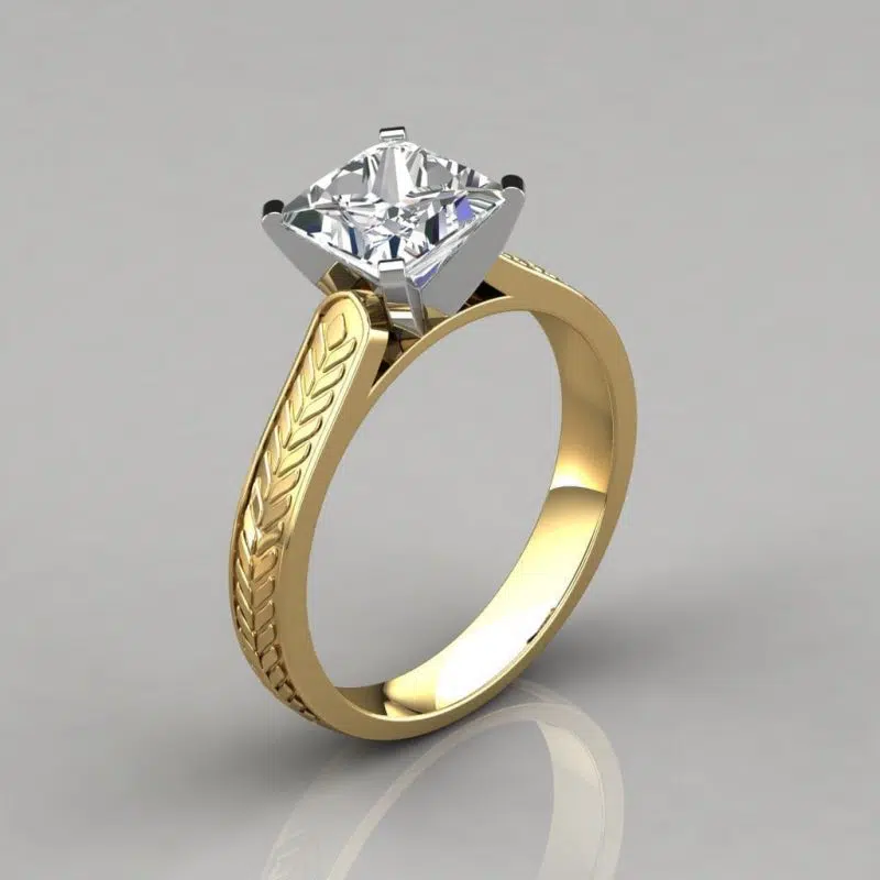Hand Engraved Princess Cut Solitaire Moissanite Engagement Ring