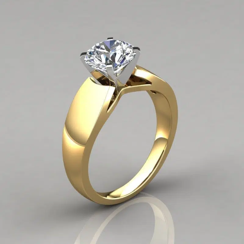 Wide Band Cathedral Style Solitaire Moissanite Engagement Ring