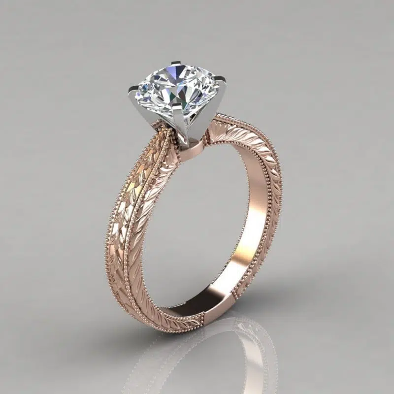 Hand Engraved Solitaire Moissanite Engagement Ring