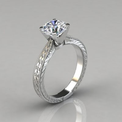 Hand Engraved Solitaire Moissanite Engagement Ring