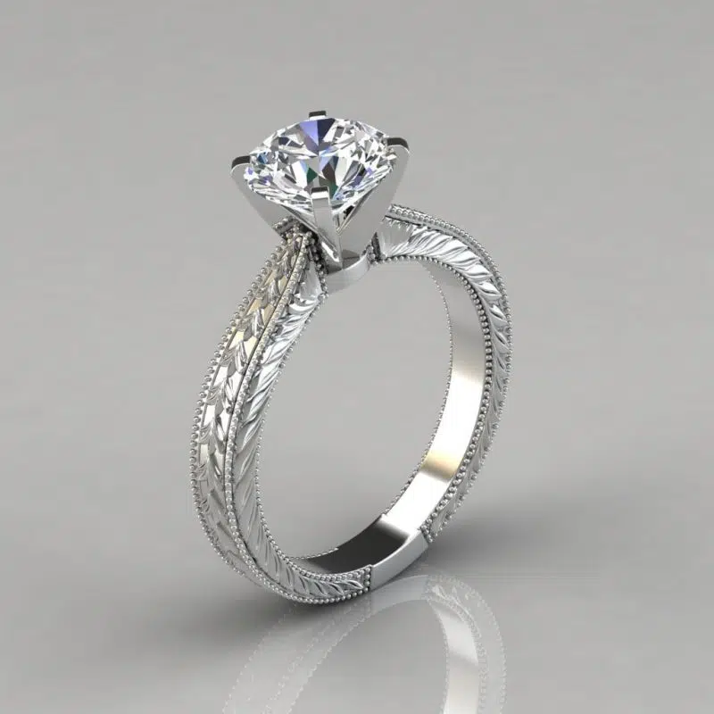 Hand Engraved Solitaire Moissanite Engagement Ring