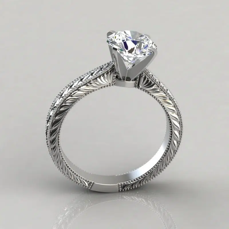 Hand Engraved Solitaire Moissanite Engagement Ring