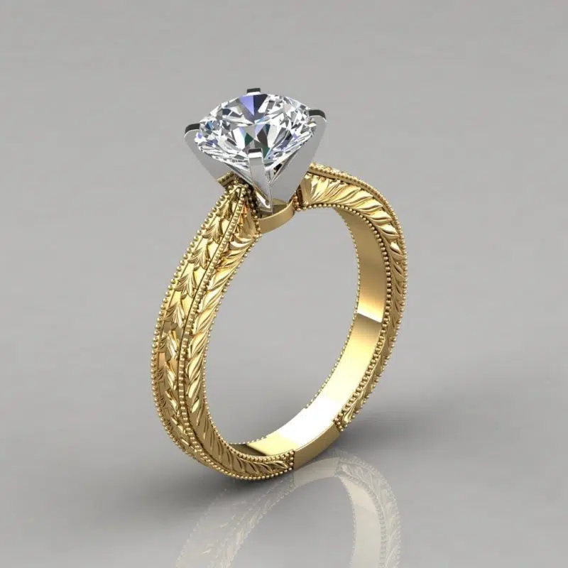 Hand Engraved Solitaire Moissanite Engagement Ring