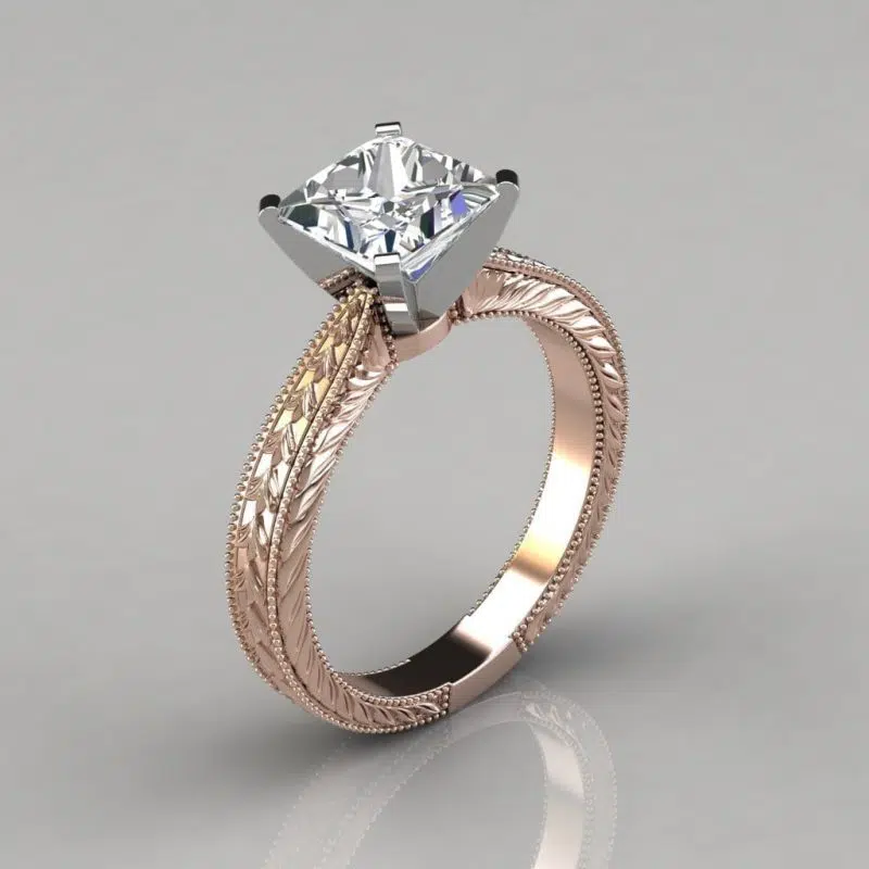 Hand Engraved Princess Cut Moissanite Solitaire Engagement Ring