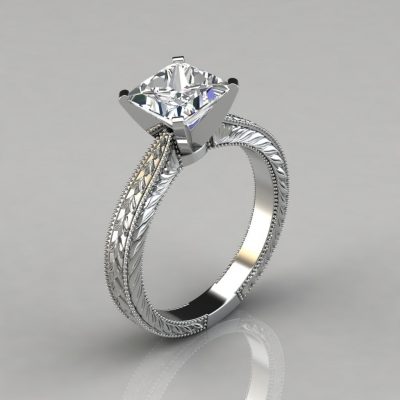 Hand Engraved Princess Cut Moissanite Solitaire Engagement Ring