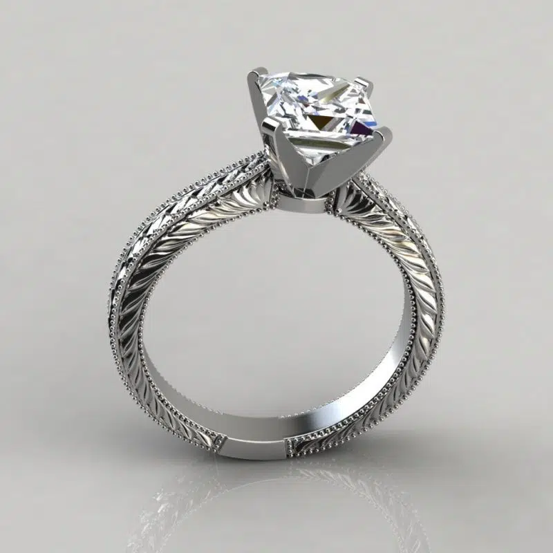 Hand Engraved Princess Cut Moissanite Solitaire Engagement Ring