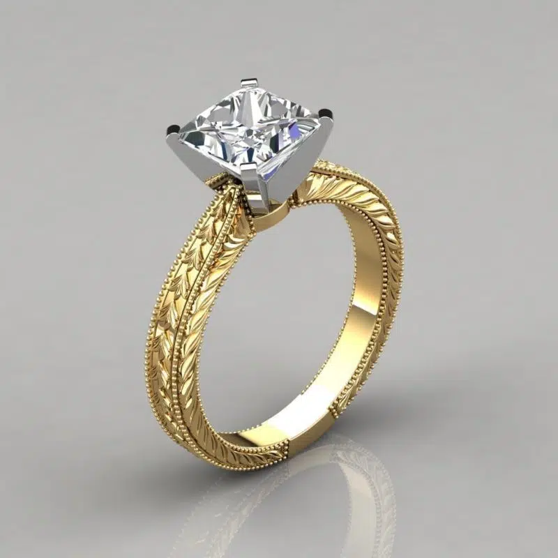 Hand Engraved Princess Cut Moissanite Solitaire Engagement Ring