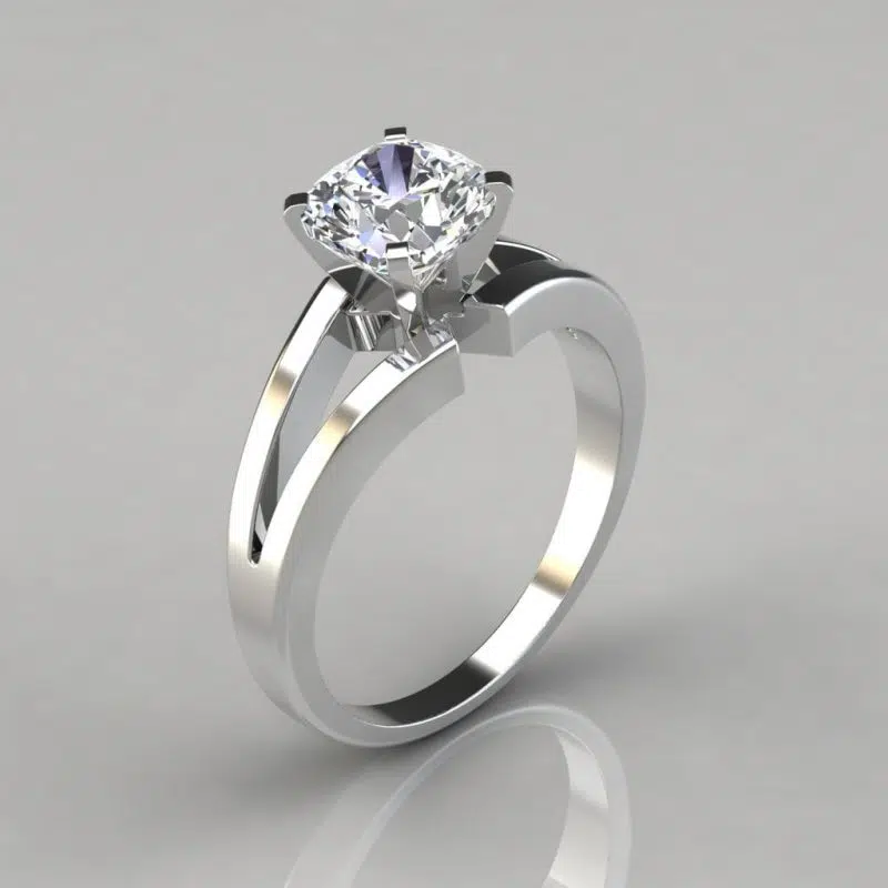 Split Shank Cushion Cut Solitaire Moissanite Engagement Ring