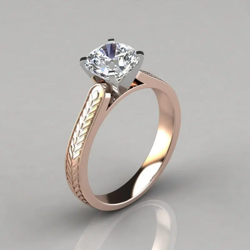Hand Engraved Vintage Cushion Cut Moissanite Engagement Ring