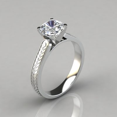 Hand Engraved Vintage Cushion Cut Moissanite Engagement Ring
