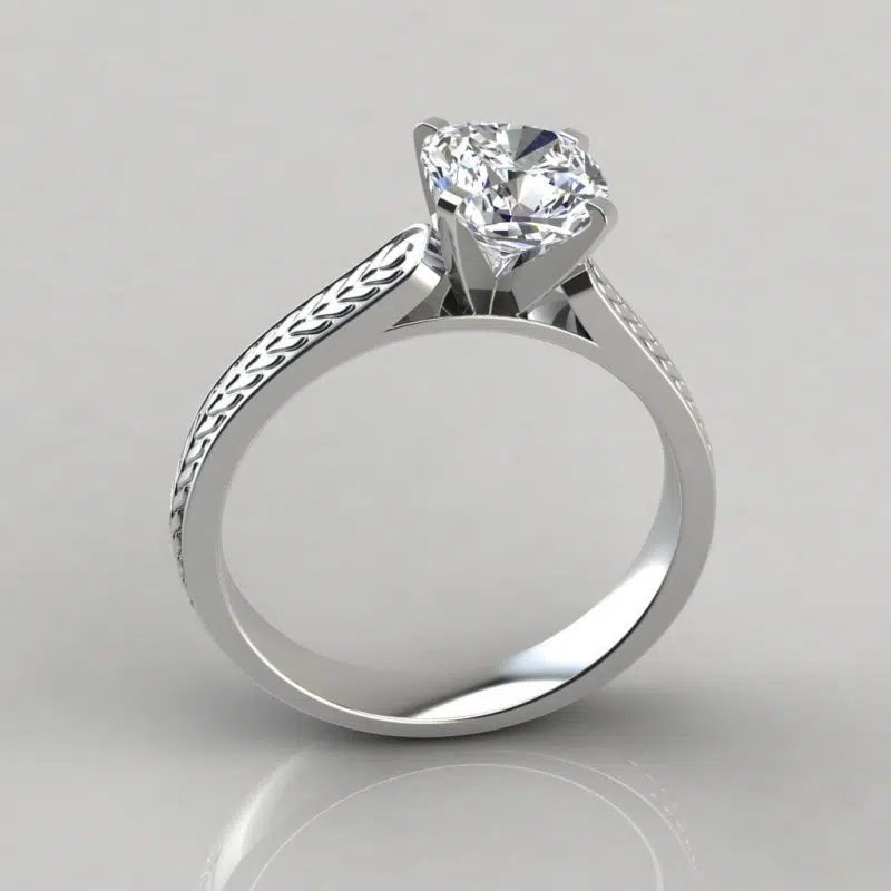 Hand Engraved Vintage Cushion Cut Moissanite Engagement Ring
