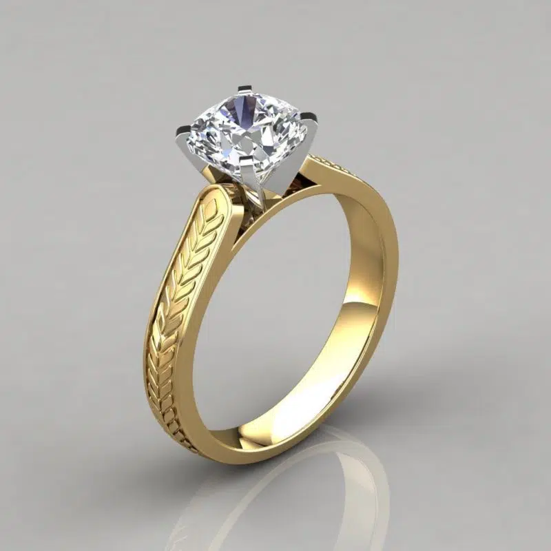 Hand Engraved Vintage Cushion Cut Moissanite Engagement Ring