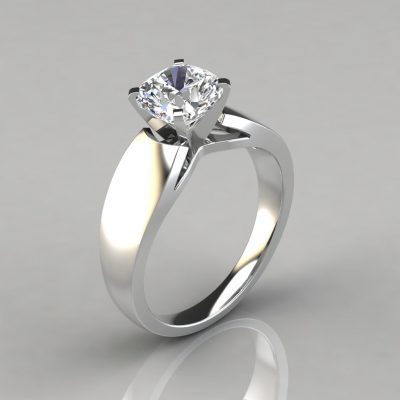 Wide Band Cushion Cut Solitaire Moissanite Engagement Ring