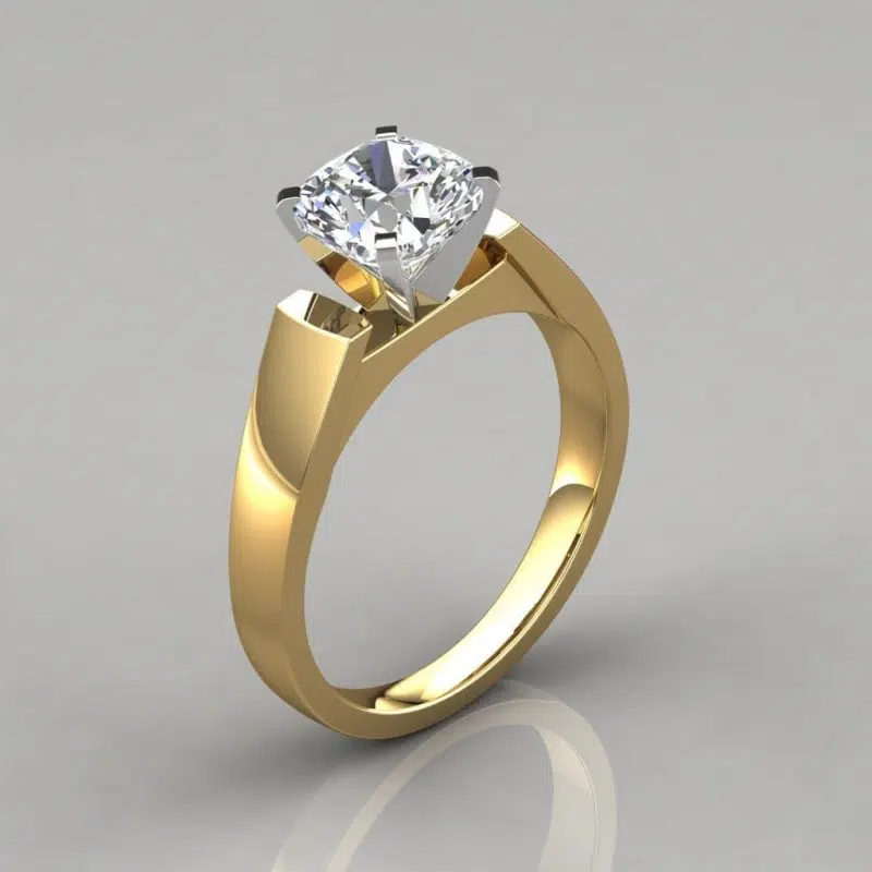 Flat Edged Cathedral Cushion Cut Solitaire Moissanite Engagement Ring