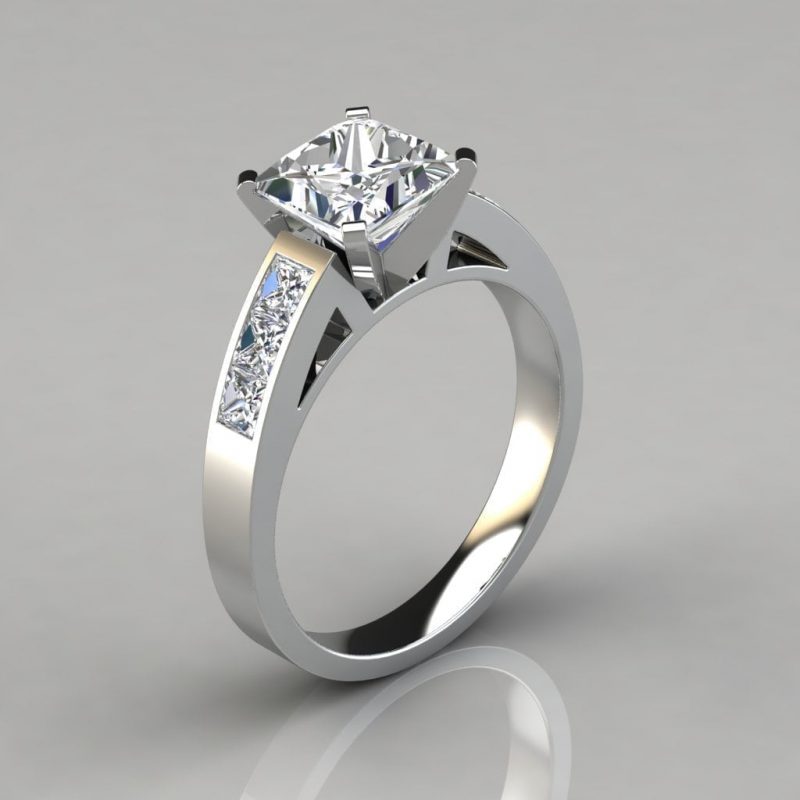 3 Stone Princess Cut Diamond Engagement Ring with Channel Set Diamond Accents in 14K White Gold