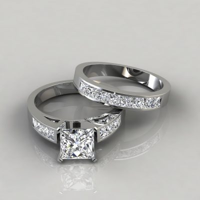 Moissanite Princess Cut Engagement Ring and Wedding Band Bridal Set