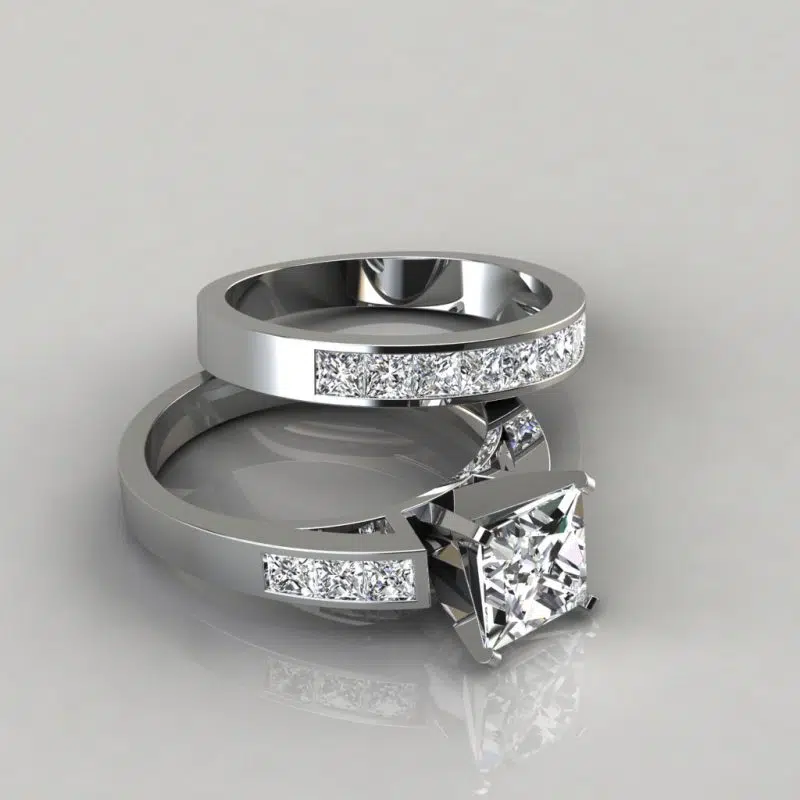 Moissanite Princess Cut Engagement Ring and Wedding Band Bridal Set