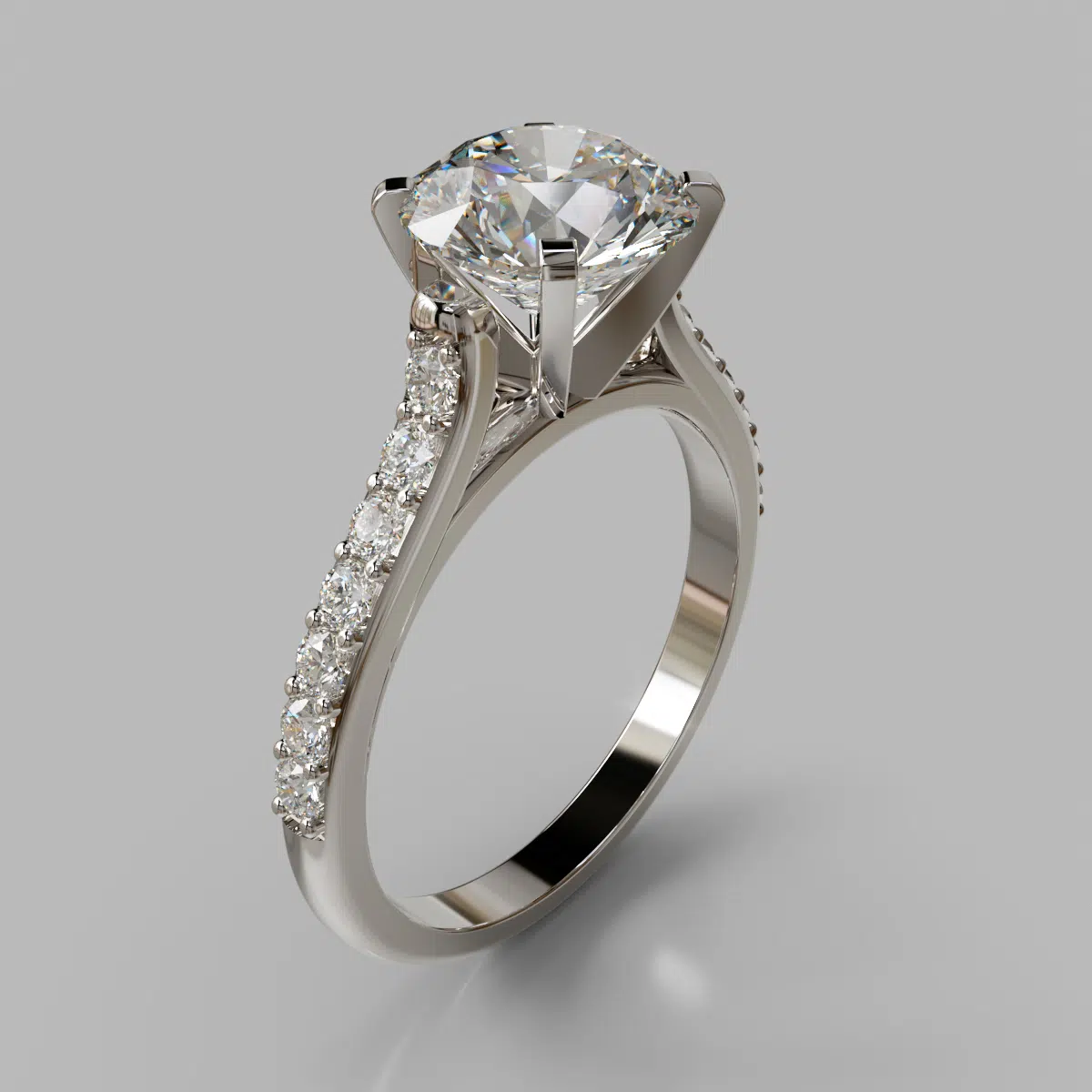 Moissanite Round Cut Cathedral Style Engagement Ring With Accents Moissanite Round Cut Cathedral Style Engagement Ring With Accents