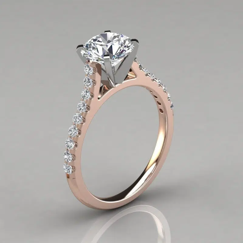 Moissanite Round Cut Cathedral Style Engagement Ring With Accents