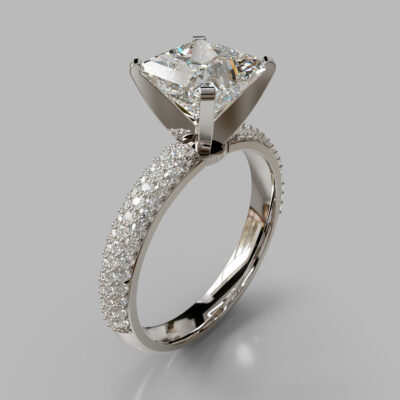 Wide Micro Pave Princess Cut Moissanite Engagement Ring