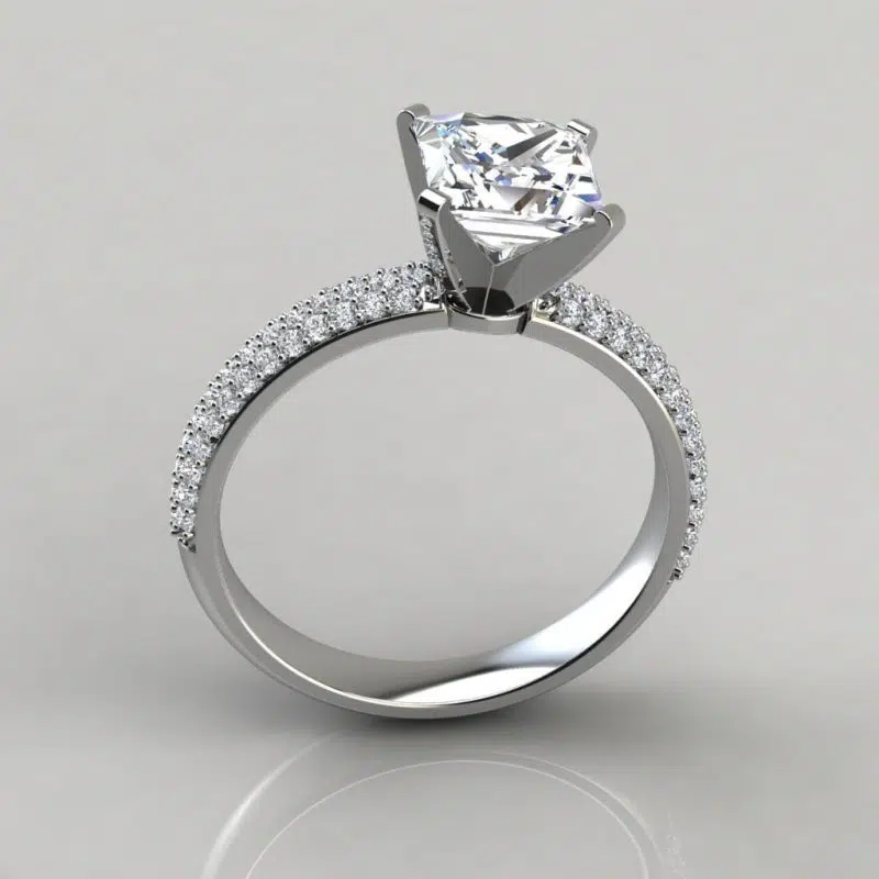 Wide Micro Pave Princess Cut Moissanite Engagement Ring