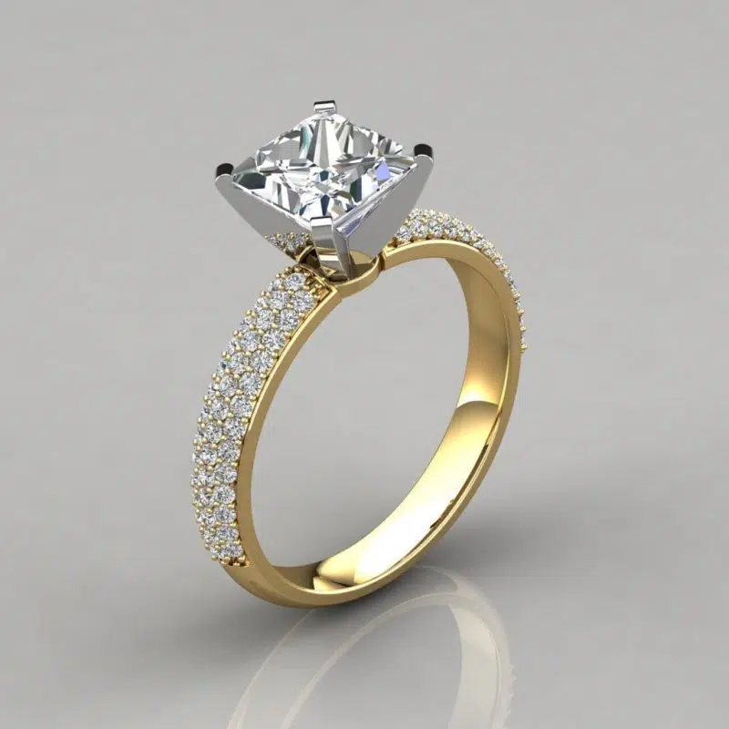 Wide Micro Pave Princess Cut Moissanite Engagement Ring