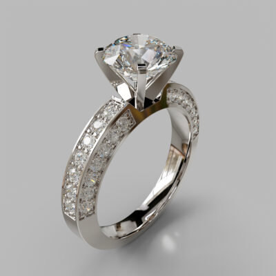 Three Sided Pave Round Cut Moissanite Engagement Ring