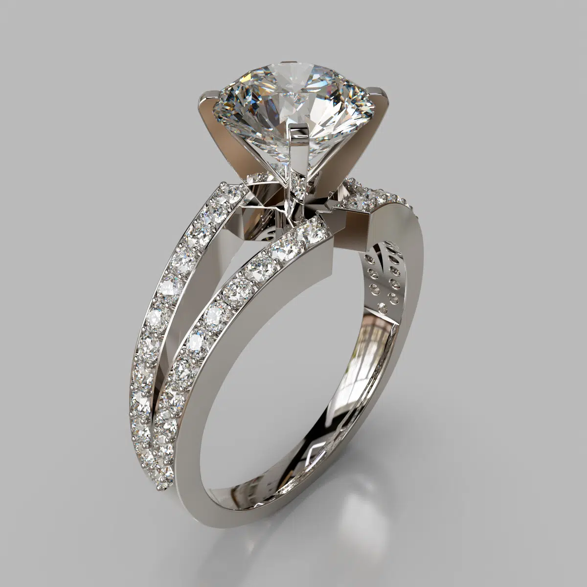 Split Shank Round Cut Moissanite Engagement Ring With Accents Split Shank Round Cut Moissanite Engagement Ring With Accents