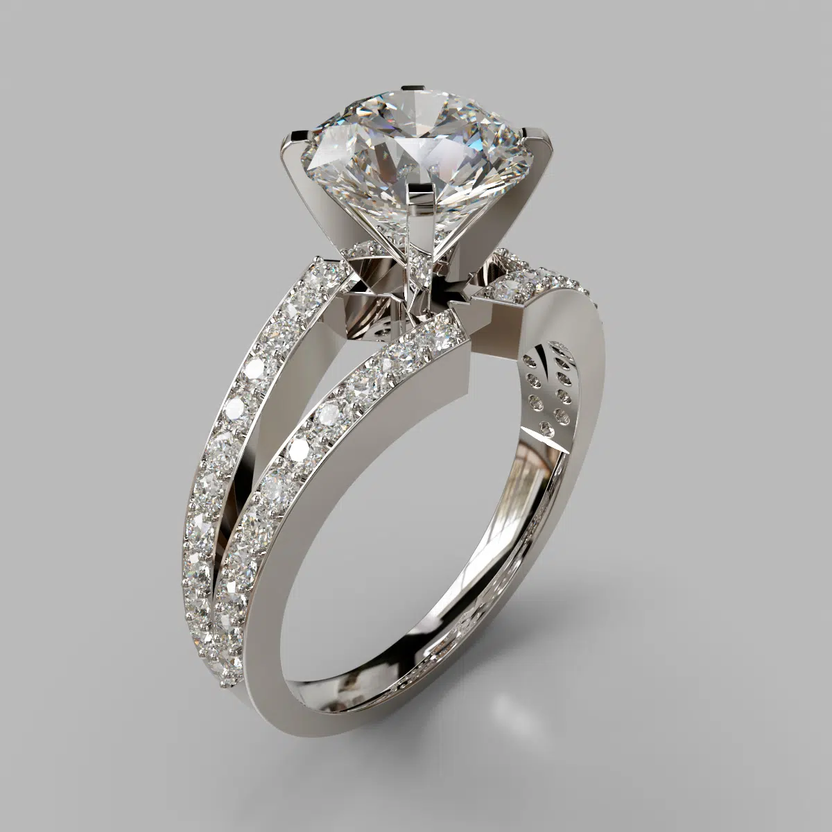 Split Shank Round Cut Moissanite Engagement Ring With Accents Split Shank Round Cut Moissanite Engagement Ring With Accents