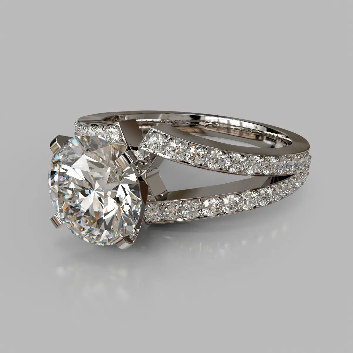 Split Shank Round Cut Moissanite Engagement Ring With Accents Split Shank Round Cut Moissanite Engagement Ring With Accents