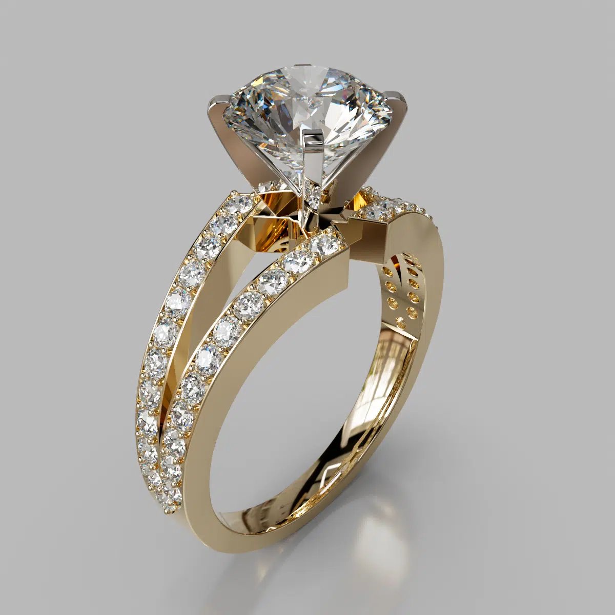 Split Shank Round Cut Moissanite Engagement Ring With Accents Split Shank Round Cut Moissanite Engagement Ring With Accents