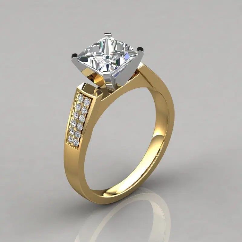 Flat Edged Princess Cut Cathedral Style Moissanite Engagement Ring
