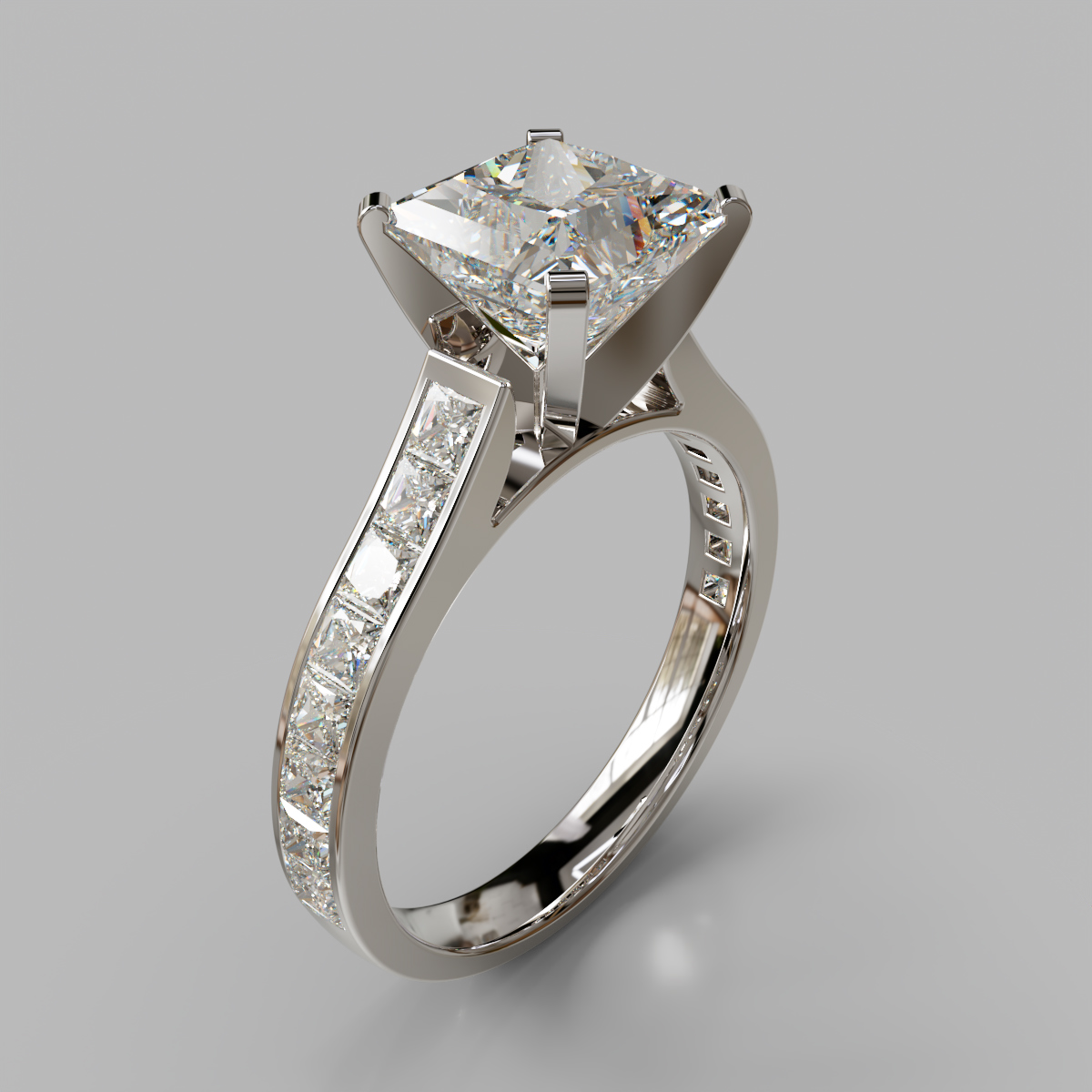 Cathedral Style Princess Cut Channel Set Moissanite Engagement Ring