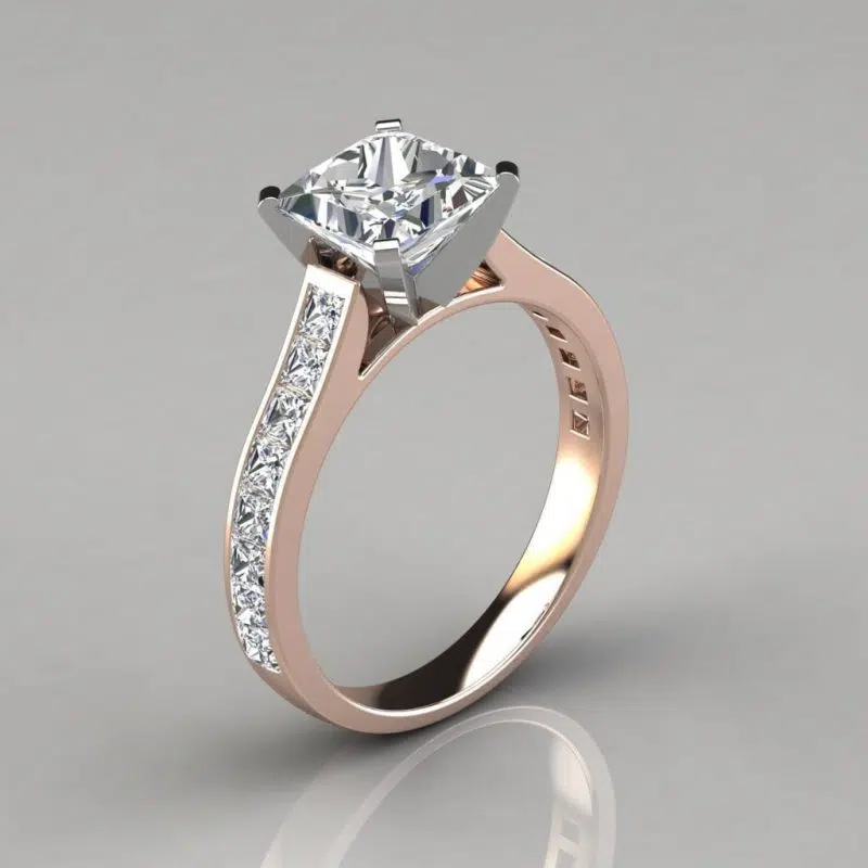Cathedral Style Princess Cut Channel Set Moissanite Engagement Ring