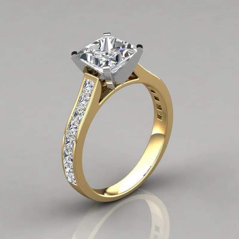 Cathedral Style Princess Cut Channel Set Moissanite Engagement Ring