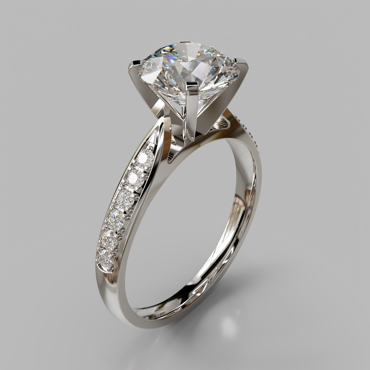 Round Cut Cathedral Pave Moissanite Engagement Ring