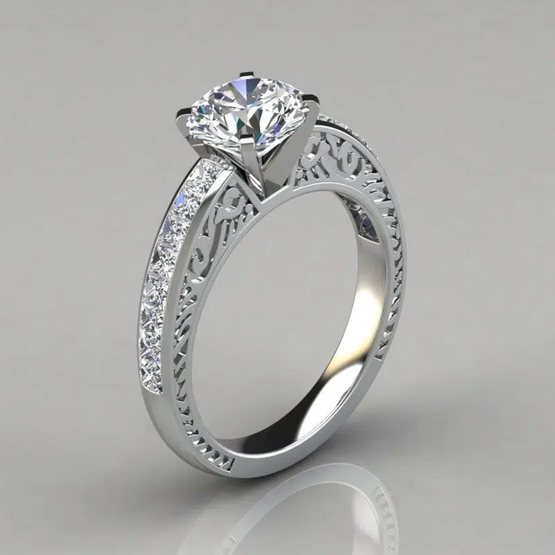 Vintage Hand Engraved Moissanite Engagement Ring