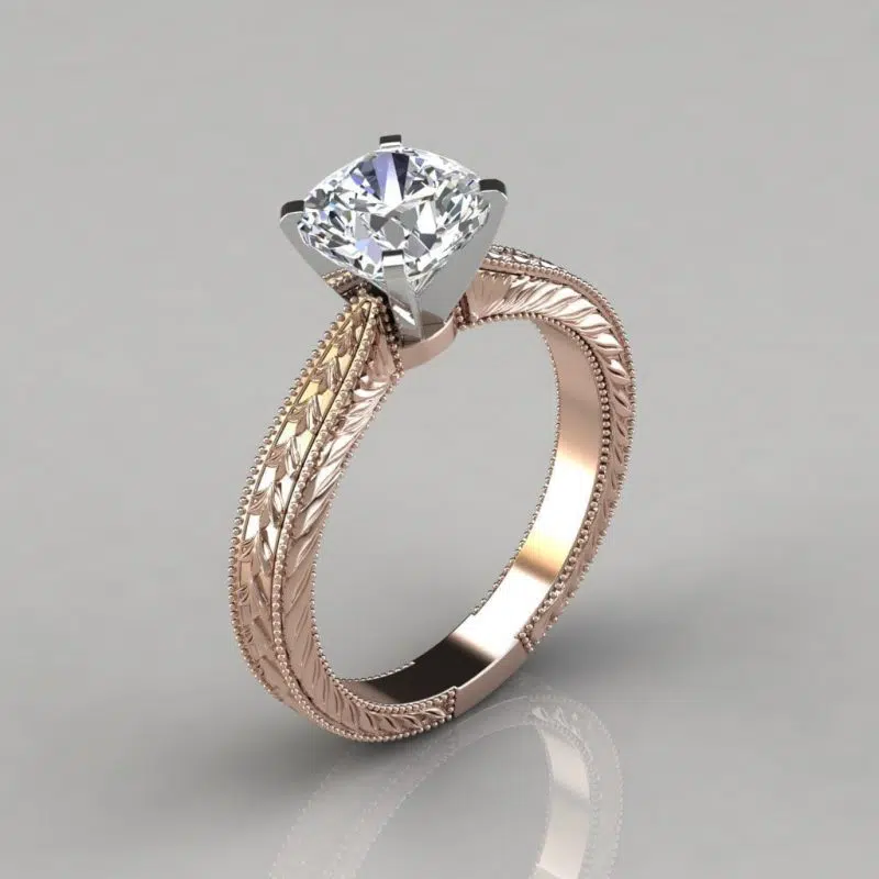 Hand Engraved Cushion Cut Solitaire Moissanite Engagement Ring