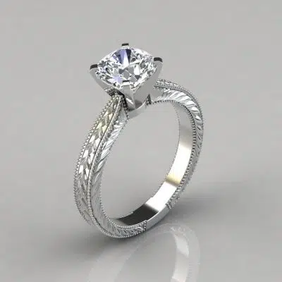 Hand Engraved Cushion Cut Solitaire Moissanite Engagement Ring