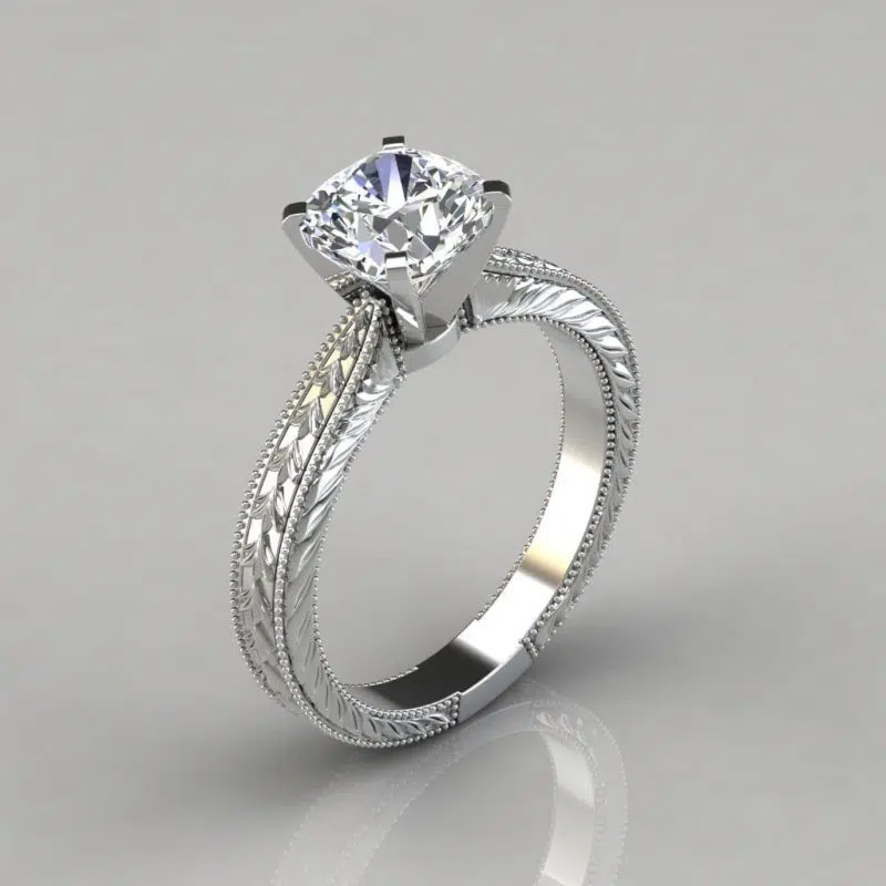 Hand Engraved Cushion Cut Solitaire Moissanite Engagement Ring
