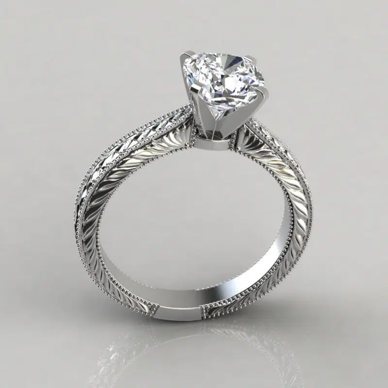 Hand Engraved Cushion Cut Solitaire Moissanite Engagement Ring