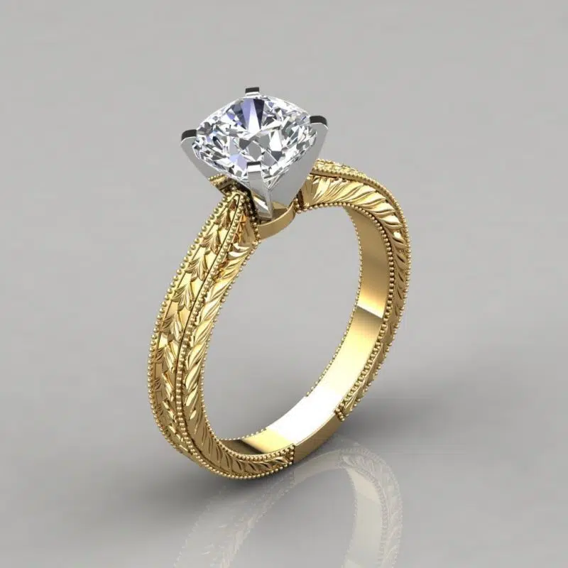 Hand Engraved Cushion Cut Solitaire Moissanite Engagement Ring